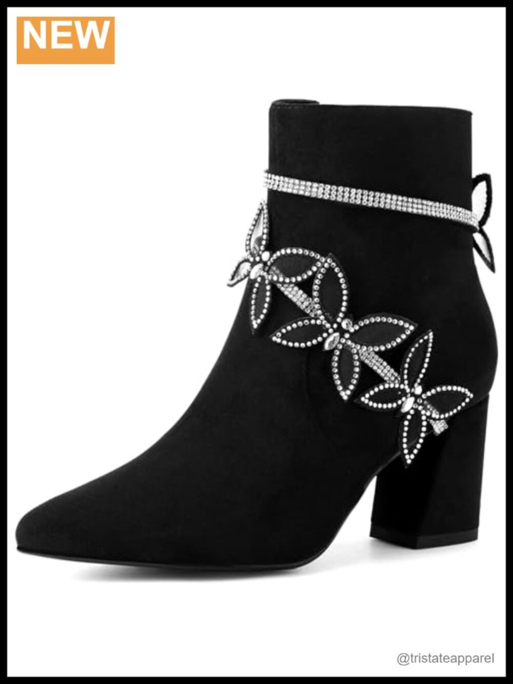 Butterfly Rhinestone Chunky Heel Ankle Booties Faux Suede